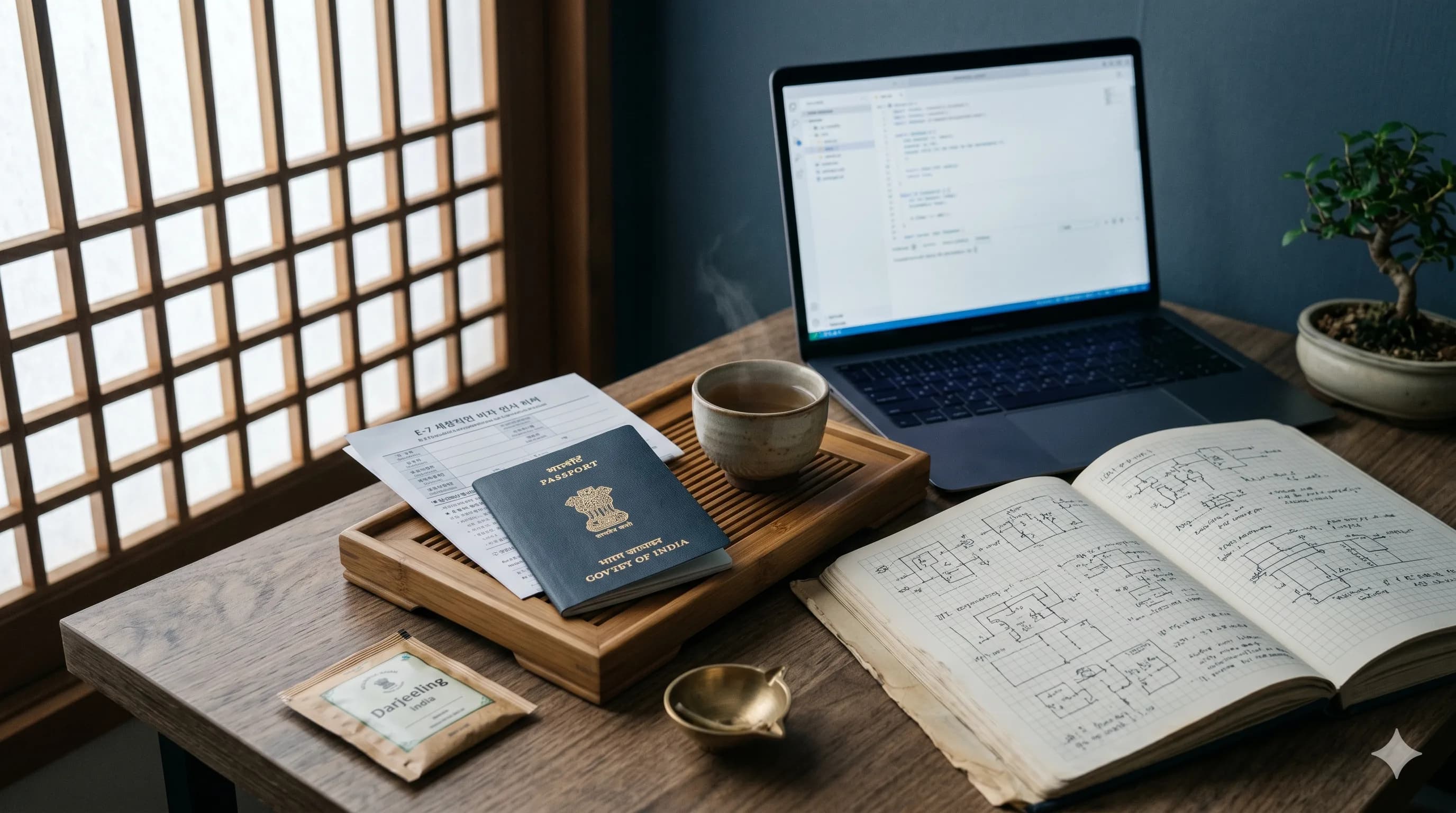 Hộ chiếu Ấn Độ màu xanh đậm trên khay trà gỗ Hàn Quốc cùng tách trà lúa mạch, đơn xin visa E-7 Hàn Quốc gấp gọn, sổ kỹ thuật với bản phác thảo, laptop mở trình soạn thảo mã trống, đèn diya đồng và trà Darjeeling — Hướng dẫn visa Hàn Quốc cho kỹ sư phần mềm, du học sinh và chuyên gia Ấn Độ