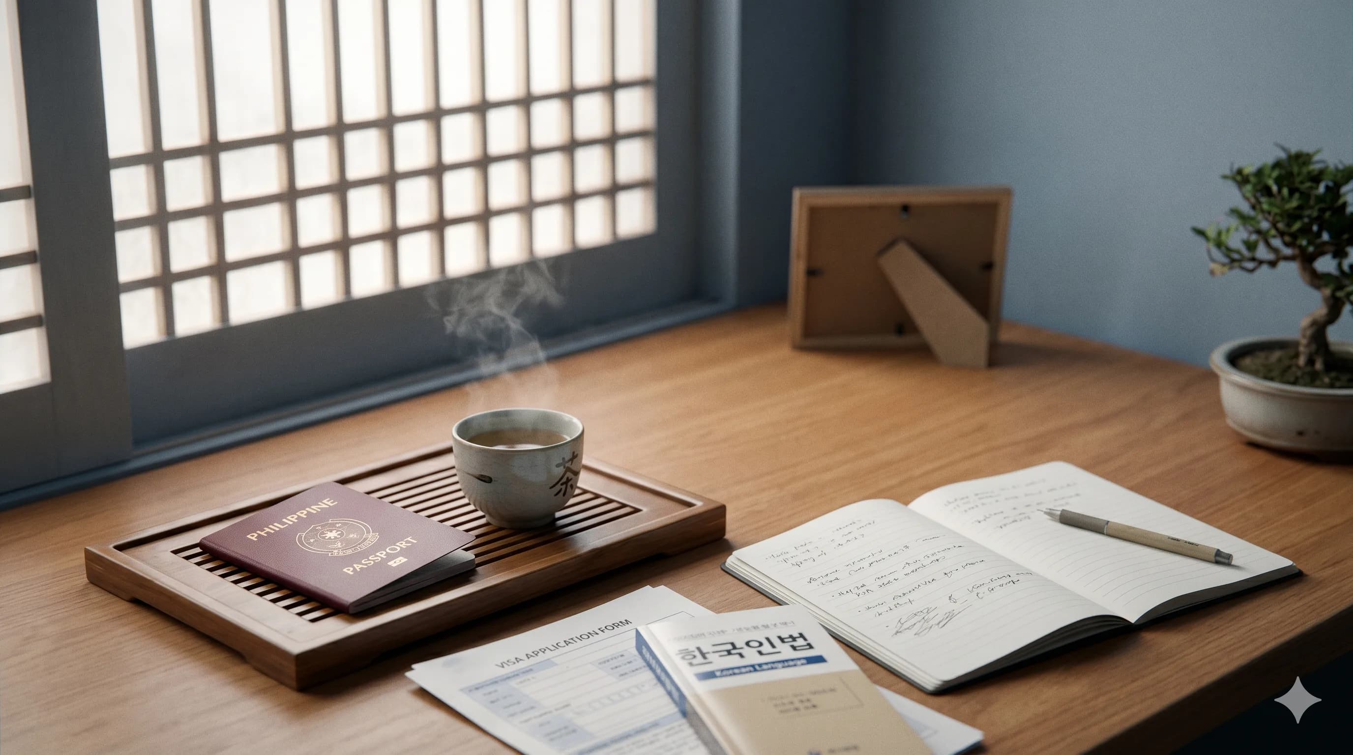 韩国木质茶盘上的菲律宾枣红色护照与一杯大麦茶,EPS-TOPIK备考册,摊开的笔记与折叠的韩国签证申请表 — 菲律宾EPS劳工、婚姻移民与留学生韩国签证指南