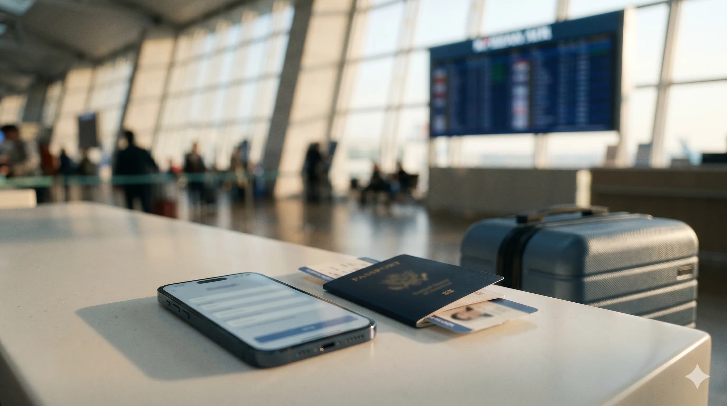 Điện thoại đặt úp trên quầy check-in sân bay Incheon với màn hình ứng dụng trống, hộ chiếu mở kèm thẻ lên máy bay, vali xách tay nhỏ mờ bên cạnh — Công cụ kiểm tra K-ETA Hàn Quốc