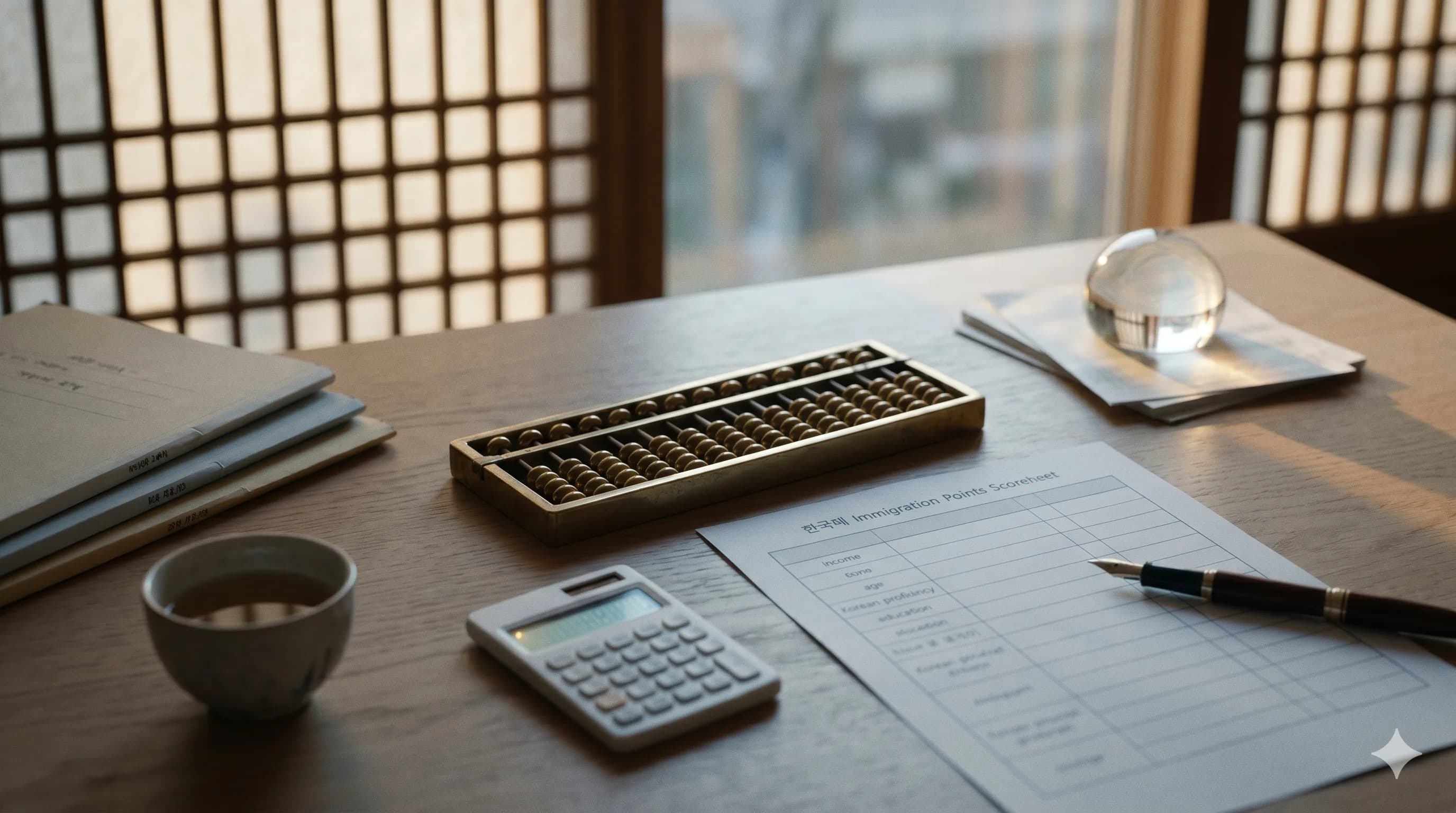 Bàn gỗ chiều muộn với bàn tính đồng cổ điển, bảng tính điểm di trú Hàn Quốc in sẵn (thu nhập, tuổi, năng lực tiếng Hàn, học vấn) và bút máy, máy tính số có màn hình phát sáng nhẹ, tách trà lúa mạch và chặn giấy thủy tinh đón ánh nắng cửa sổ ấm — Công cụ tính điểm di trú Hàn Quốc K-Point cho hồ sơ F-2-7 và F-5-11