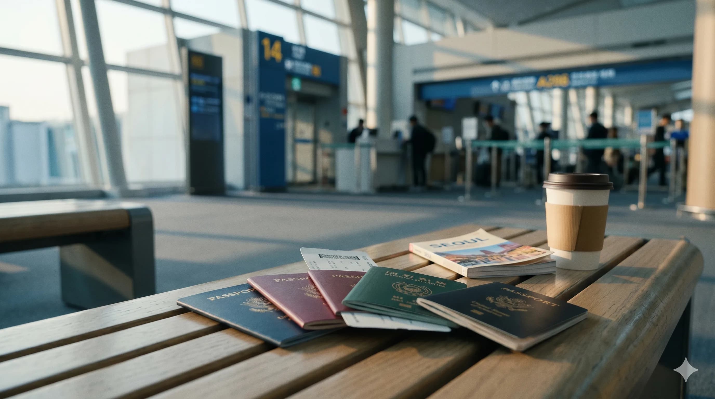 Nhiều hộ chiếu màu khác nhau xếp trên ghế tại sân bay Incheon cùng thẻ lên máy bay và sách hướng dẫn du lịch Seoul — Danh sách các nước miễn thị thực Hàn Quốc