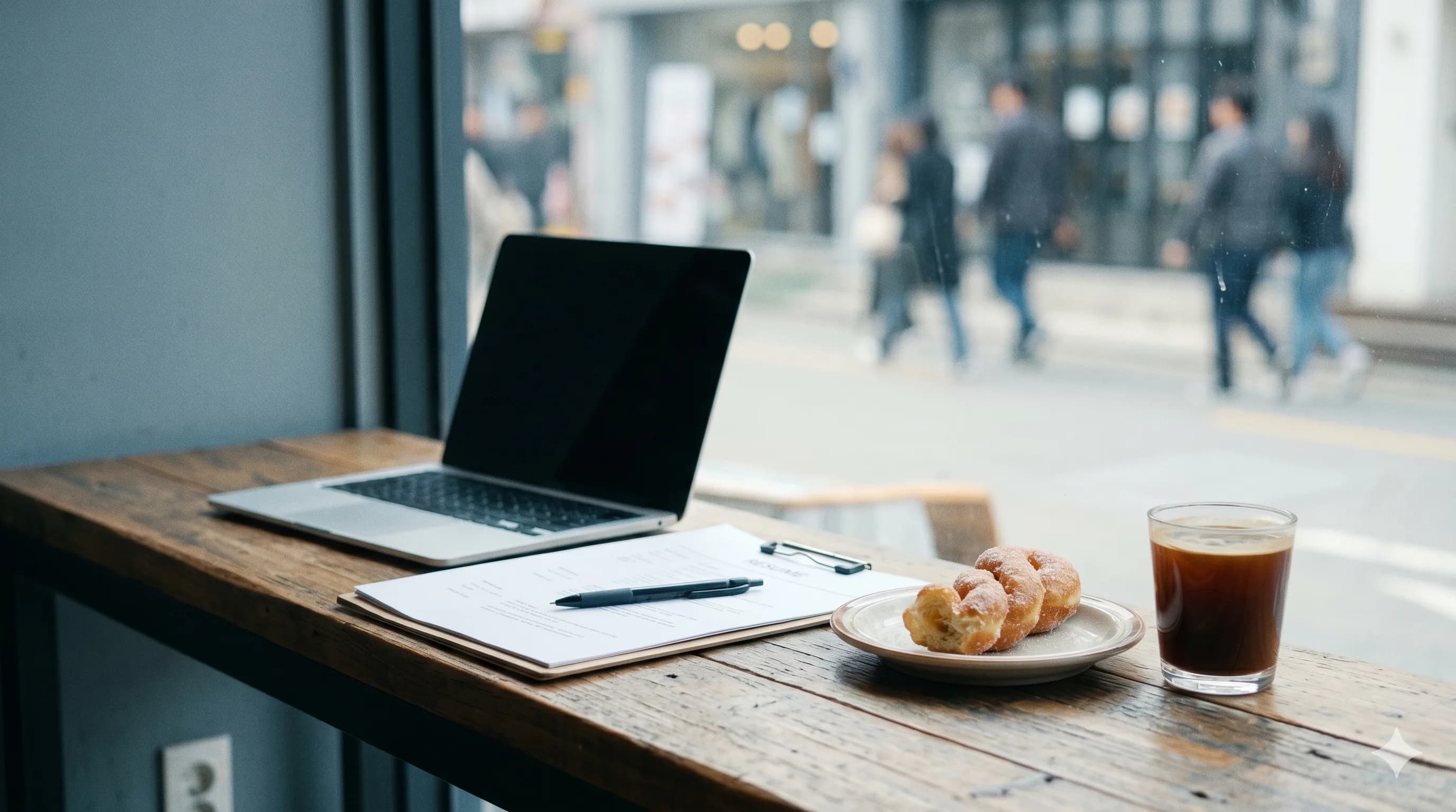 Chỗ ngồi bên cửa sổ quán café Hongdae buổi trưa với laptop mở, kẹp hồ sơ CV in sẵn, bánh ngọt Hàn Quốc ăn dở và ly Americano, đường phố Seoul mờ ngoài cửa — Visa D-10 tìm việc Hàn Quốc