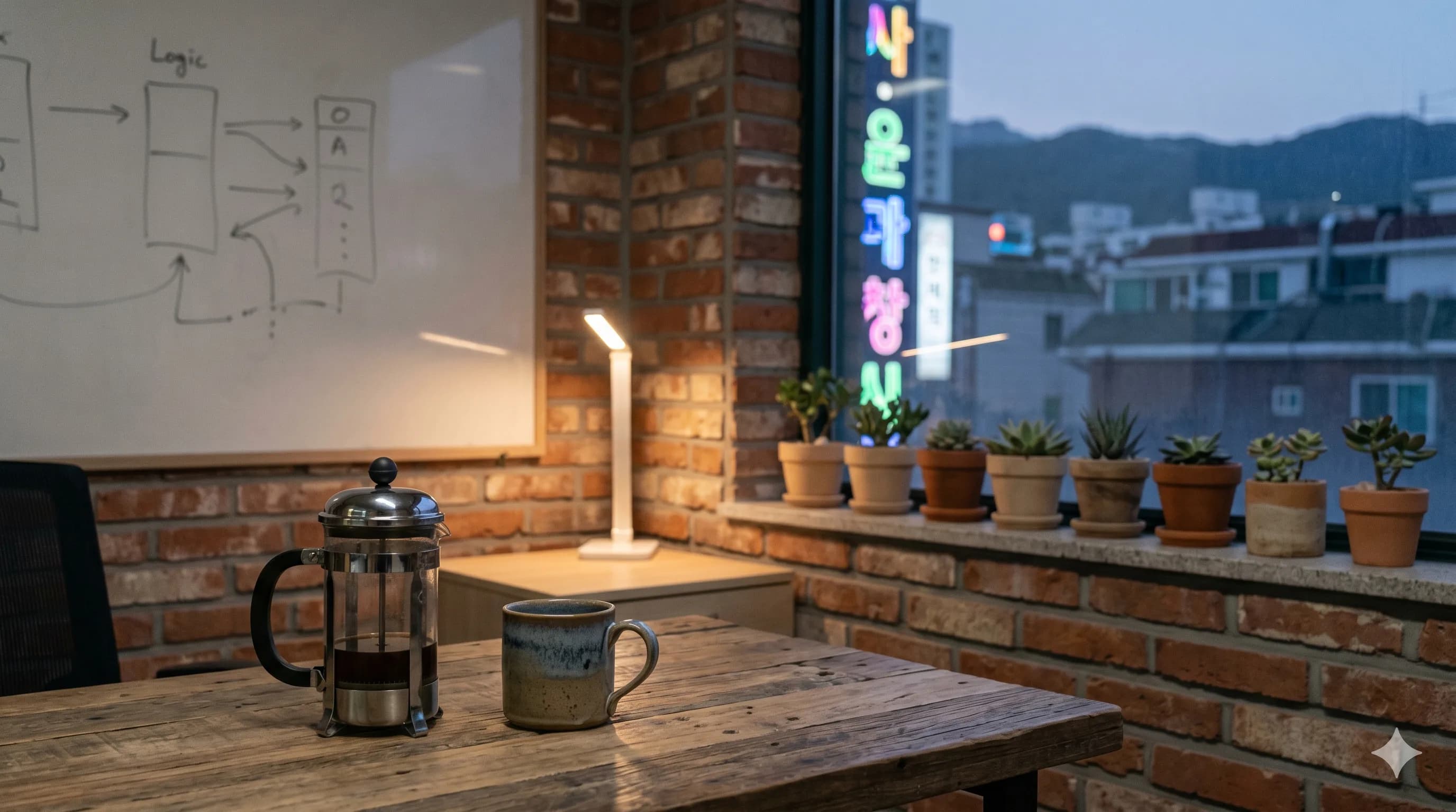 Văn phòng co-working nhỏ tại Seoul với tường gạch đỏ lộ thiên, bảng trắng có nét phác mờ, French press và cốc sứ trên bàn gỗ tái chế, cây mọng nước bên cửa sổ nhìn ra biển hiệu Hangul nhòe lúc hoàng hôn — Visa D-8 đầu tư doanh nghiệp Hàn Quốc