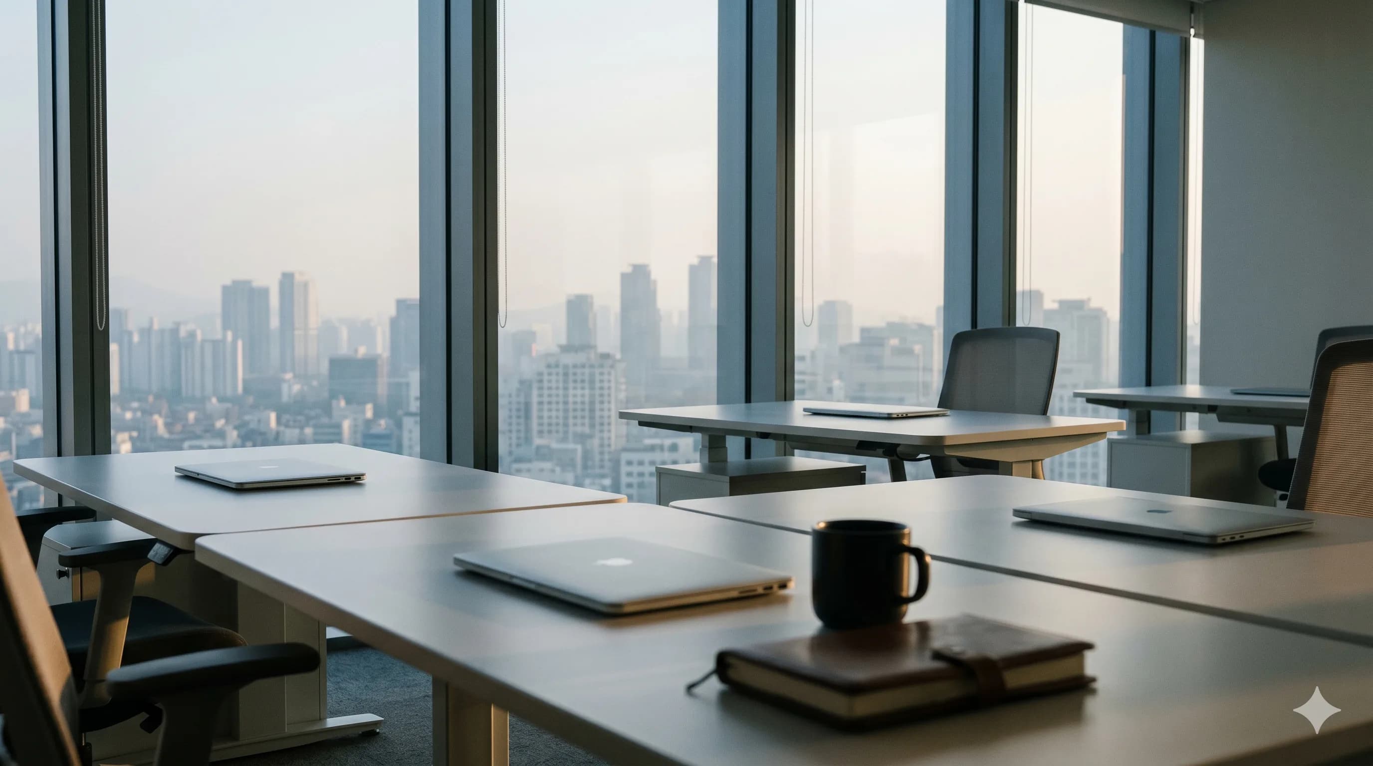 Modern Seoul office at golden hour with ergonomic desks, closed laptops, and floor-to-ceiling windows overlooking Gangnam high-rises — Korea E-7 visa for foreign specialist professionals