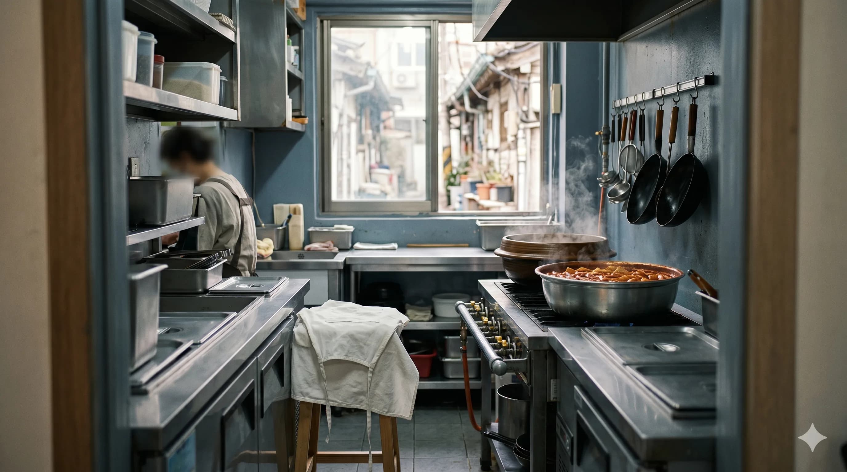 Bếp tteokbokki Seoul trước giờ phục vụ với mặt bàn inox sáng bóng, muôi và chảo treo ngay ngắn, tạp dề trắng gấp gọn và hơi nước bốc lên từ nồi sốt đỏ — Visa H-2 thăm thân làm việc Hàn Quốc (đồng bào Hàn)