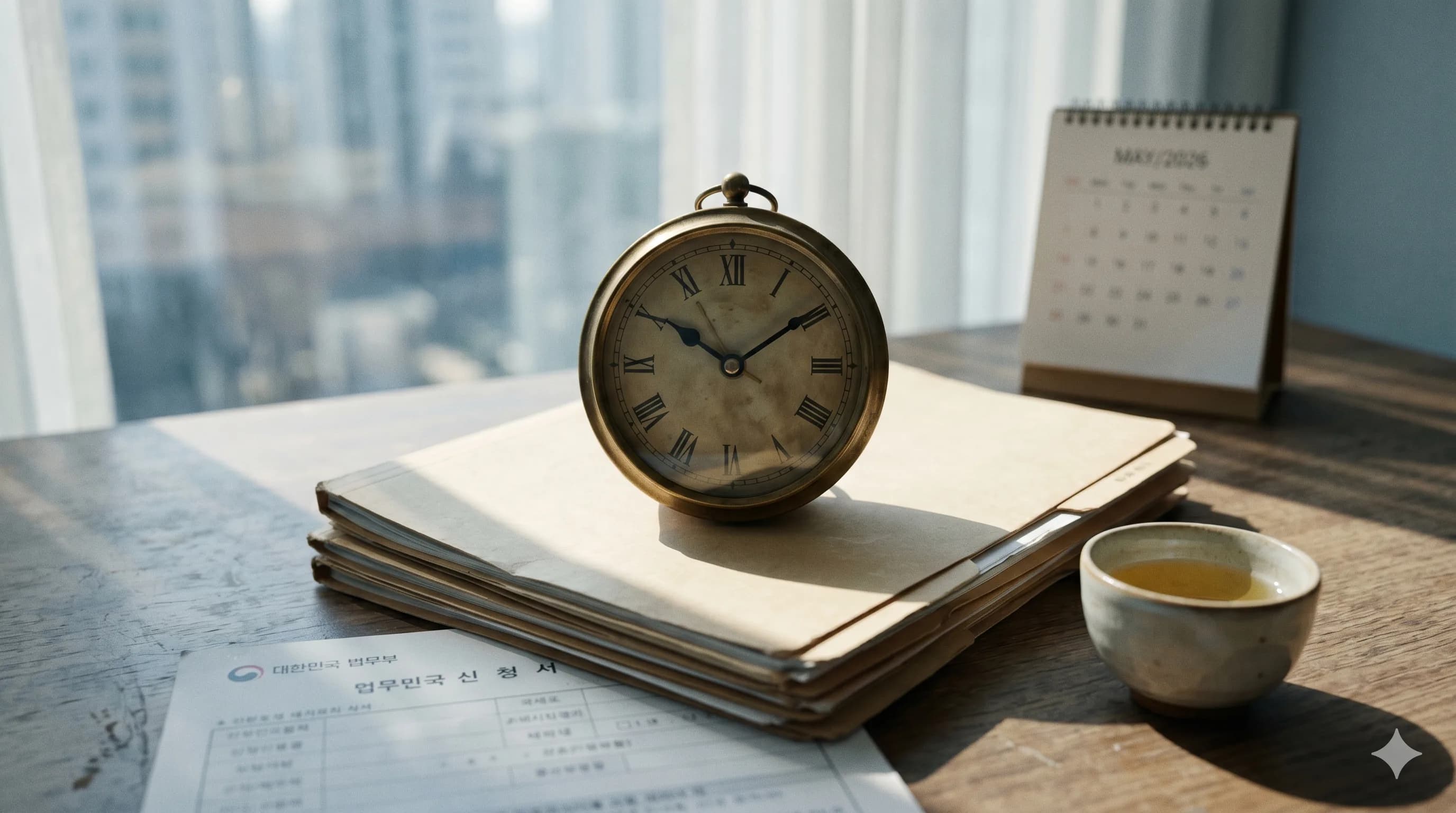 Đồng hồ để bàn đồng cổ điển trên chồng bìa hồ sơ màu be, tách trà xanh uống dở và đơn xin xuất nhập cảnh Hàn Quốc trên bàn gỗ trong ánh sáng dịu — Thời gian xử lý visa Hàn Quốc theo loại visa