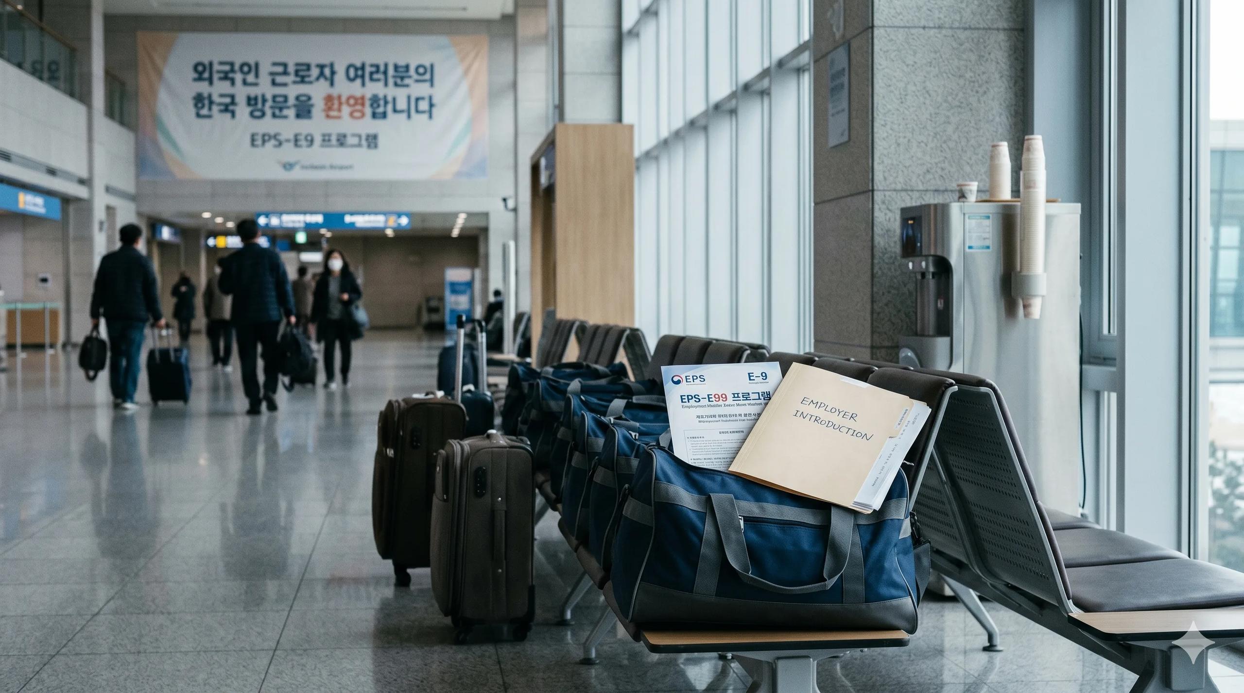 Wide Incheon Airport arrivals hall in early morning with several modest matching duffel bags and small wheeled suitcases lined up along metal benches, a folded EPS contract packet and a manila employer-introduction folder on top of one bag, soft cool morning light through tall windows — Korea EPS-E9 Employment Permit System hub for foreign workers by nationality