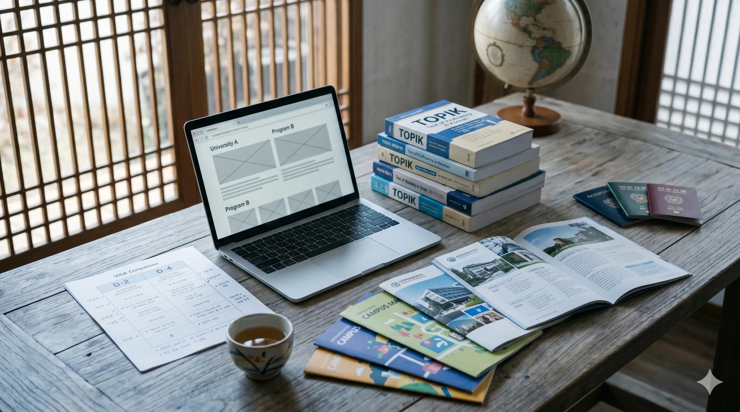 Wide wooden study table with university brochures and Korean campus map booklets fanned out, three differently colored passports stacked at one corner, an open laptop showing a blank university comparison page, a printed D-2 vs D-4 comparison chart with handwritten margin notes, a cup of barley tea and a TOPIK study book stack — Korea student visa hub for D-2 D-4 routes by nationality