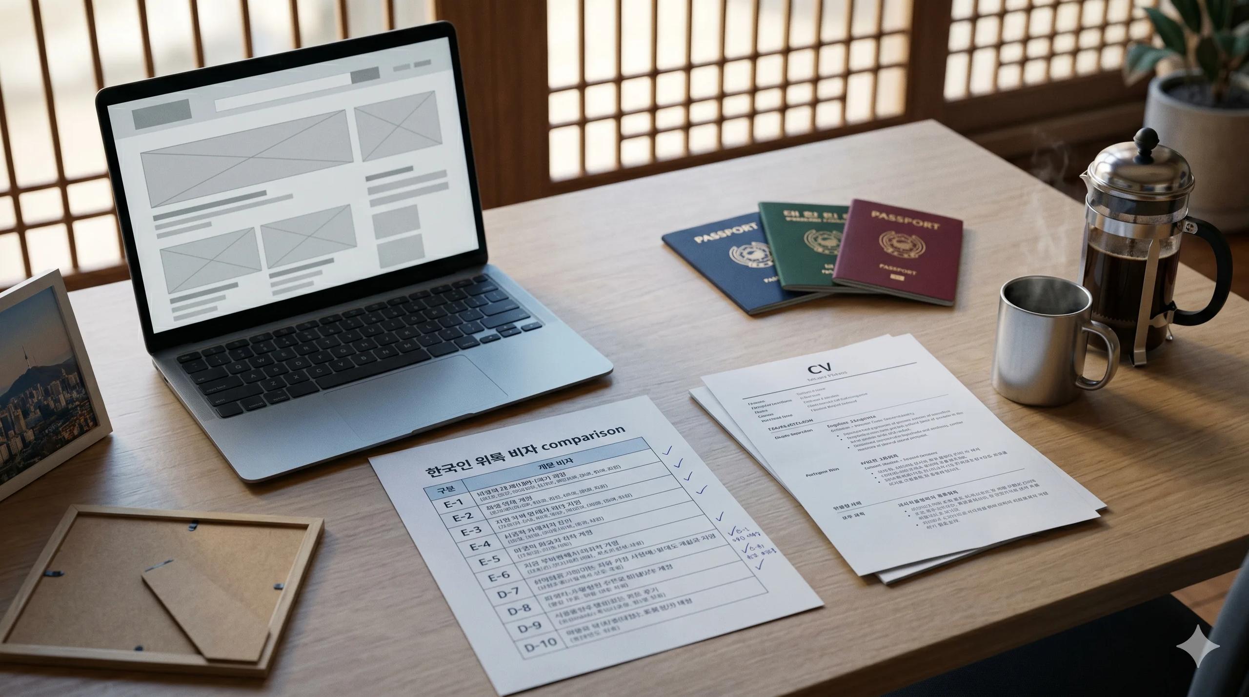 Wooden home office desk in late afternoon with an open laptop showing a blank job board, a printed Korean work visa comparison table from E-1 to E-9 with handwritten checkmarks on D-7 D-8 D-10, three differently colored passports fanned out, a stapled English-Korean CV, a French press and ceramic mug — Korea work visa hub for E-7 E-9 D-7 D-8 D-10 routes by nationality