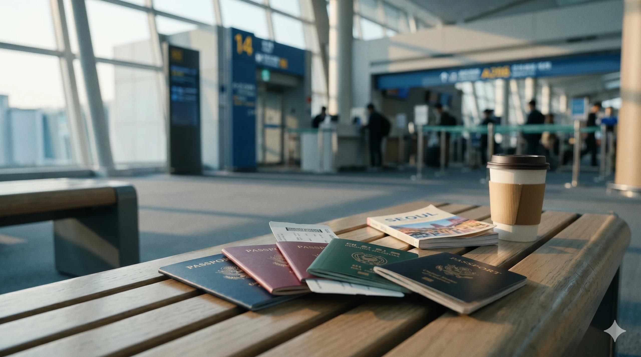 Several passports of different colors fanned out on an Incheon Airport bench with a boarding pass and Seoul travel guidebook in soft afternoon light — Korea visa-exempt and visa-waiver country list