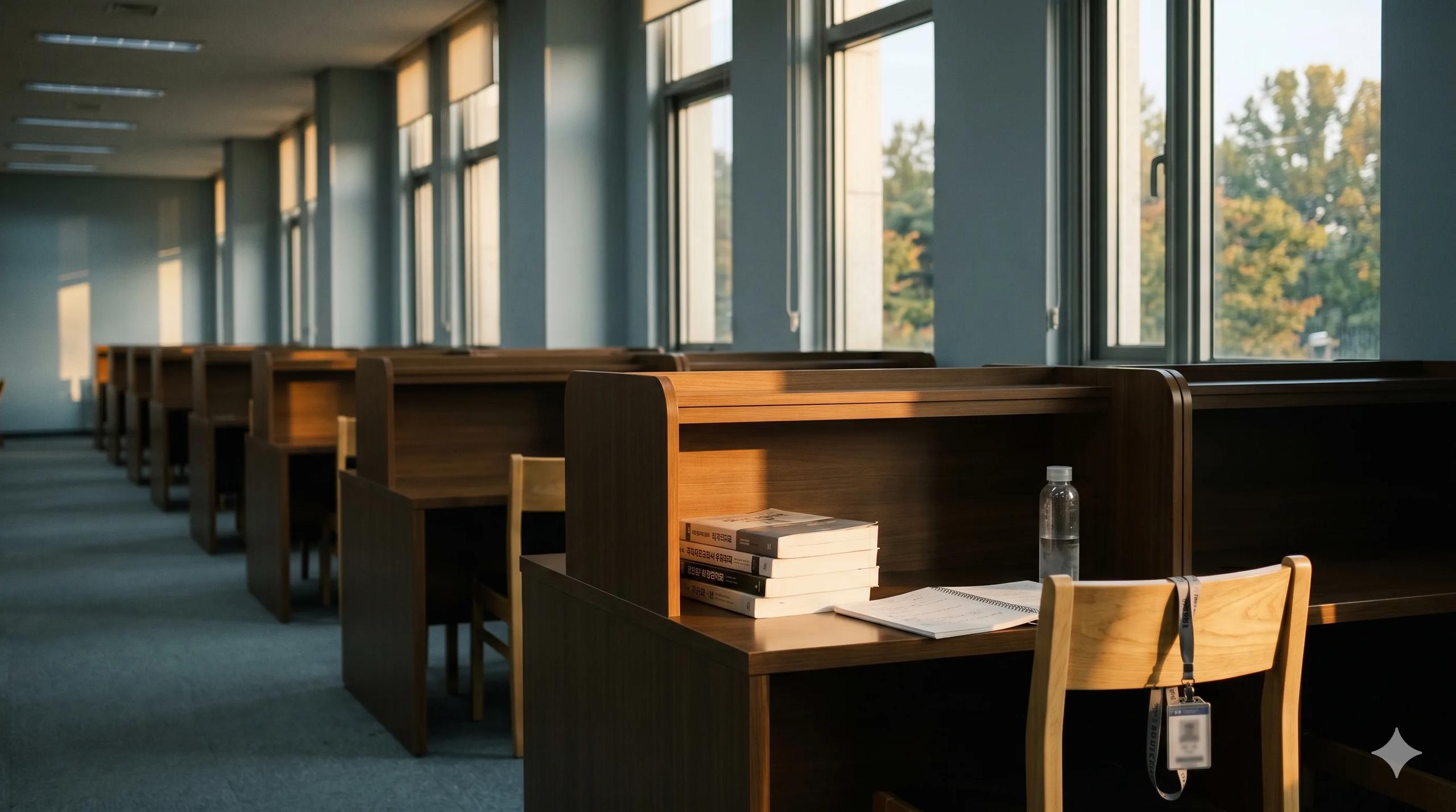 Seoul university library reading room in late afternoon with empty wooden carrels, sunlit Korean textbooks, an open notebook and campus ID lanyard — Korea D-2 student visa