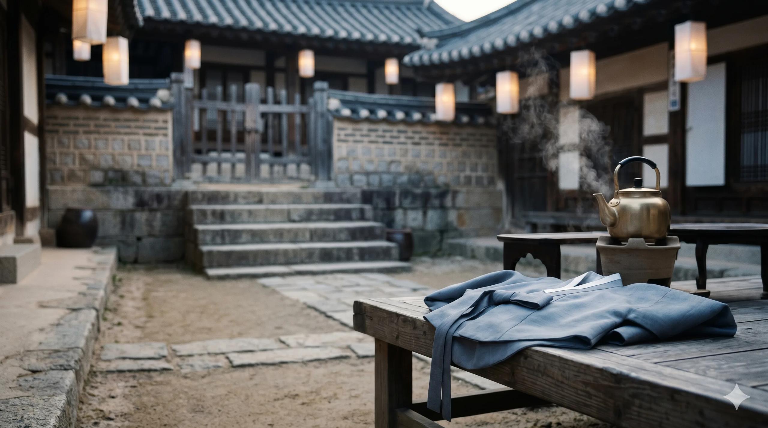 Traditional Korean hanok courtyard at dawn with weathered stone steps, a low wooden gate, a folded hanbok jeogori on a bench, mist rising from a brass tea kettle — Korea F-4 overseas Korean visa