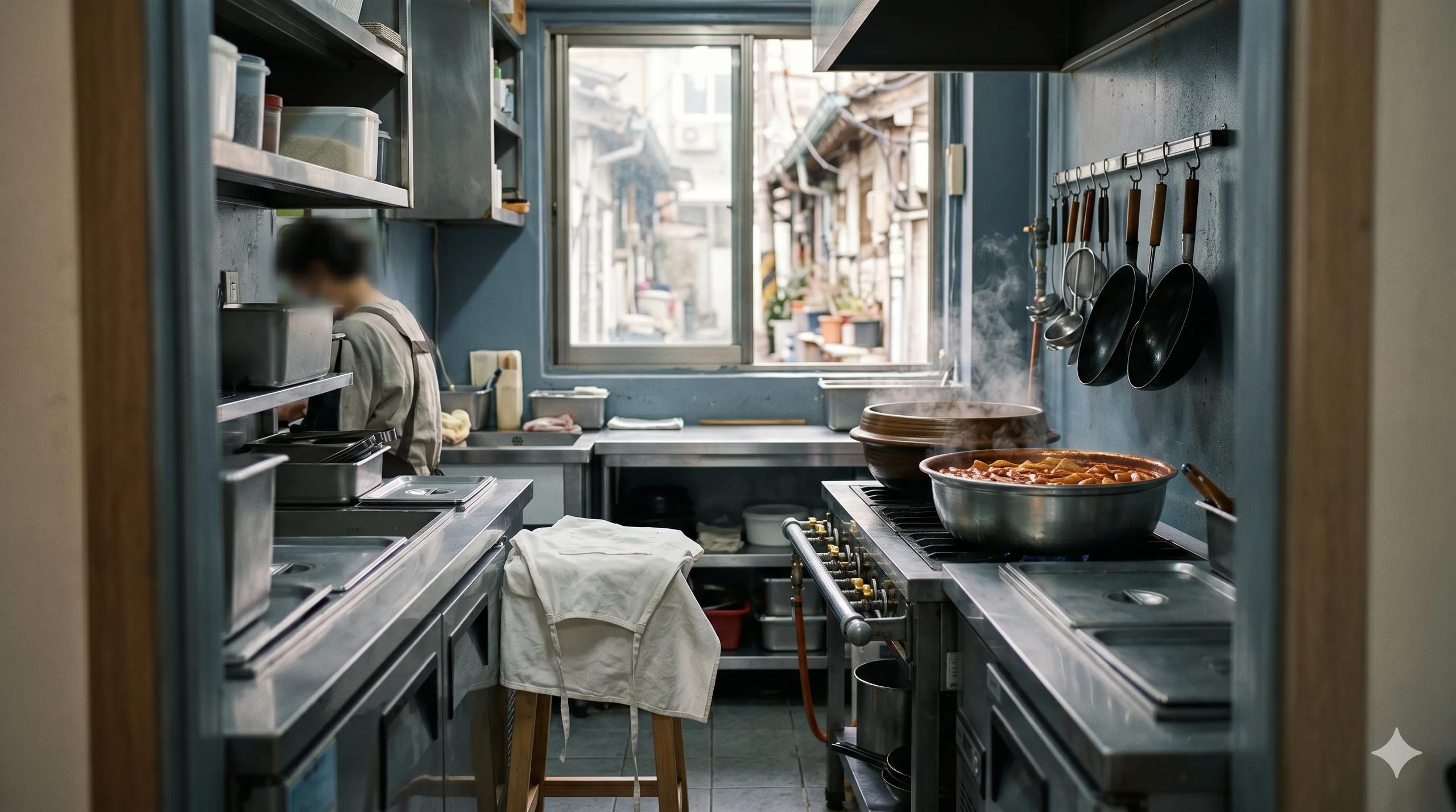 Seoul tteokbokki kitchen at start of service with polished stainless steel counters, ladles and woks hung in order, a folded white apron and steam rising from a pot of red sauce — Korea H-2 working-visit visa for ethnic Koreans
